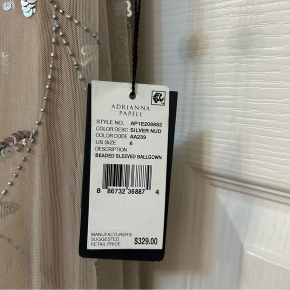 Adrianna Papell Beaded Sheer Long Sleeve V-back Ballgown in Silver/Nude - Picture 9 of 9